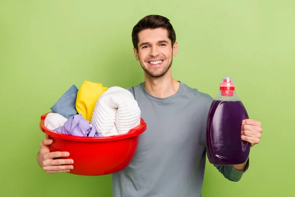 Photo Millennial Optimistic Brunet Guy Laundry Hold Bottle Wear Shirt — Fotografia de Stock