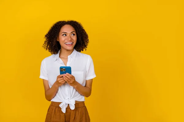 Portrait Charming Minded Girl Hold Telephone Look Empty Space Isolated — Foto de Stock