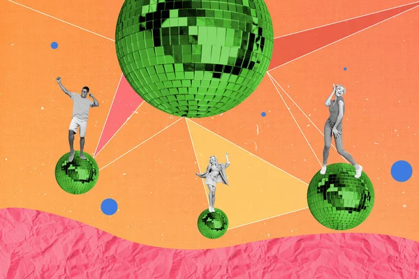Drawing Banner Collage Three Youngsters Dancing Active Different Disco Ball — Foto de Stock
