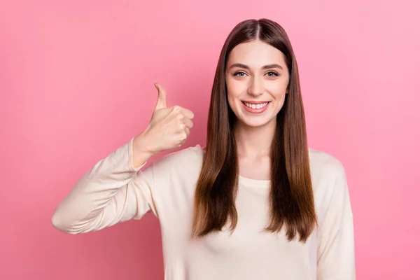 Portrait Attractive Cheerful Brown Haired Successful Girl Showing Thumbup Isolated — Foto de Stock