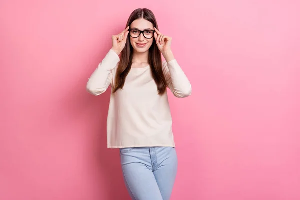 Portrait Attractive Cheerful Confident Girl Touching Specs Healthy View Isolated — Foto de Stock