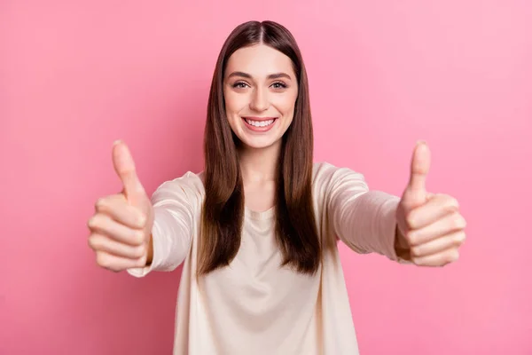 Portrait Attractive Cheerful Brown Haired Girl Giving Thumbup Cool Isolated — Stockfoto