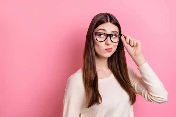 Portrait Attractive Suspicious Girl Touching Specs Looking Copy Space Solution — стоковое фото