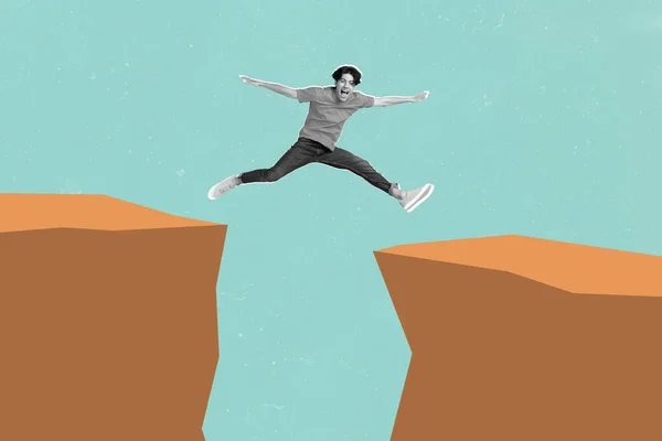 Creative composite collage illustration of excited sporty guy black white gamma jumping between two cliffs isolated on painted background.