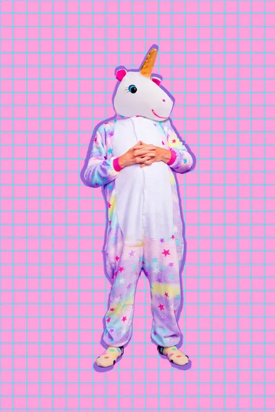 Vertical Collage Illustration Person Wear Unicorn Costume Isolated Bright Checkered — Foto Stock