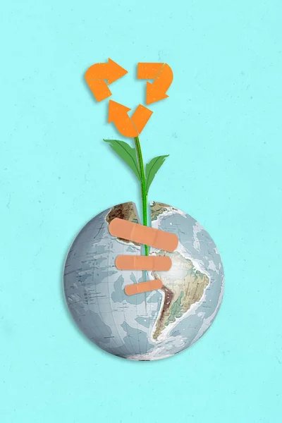 Vertical Collage Illustration Damaged Patched Planet Earth Globe Green Plant — Stock Photo, Image