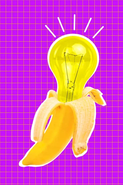 Pionowe Kolaż Ilustracja Żarówki Wewnątrz Banana Izolowane Fioletowy Kratkę Tle — Zdjęcie stockowe