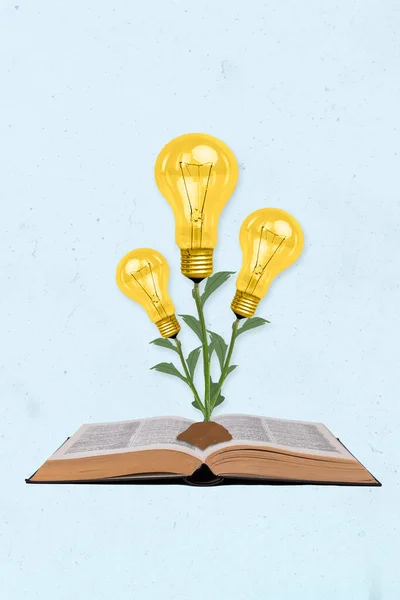 Vertical Collage Picture Open Book Growing Light Bulb Plant Isolated — Fotografia de Stock