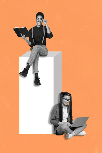 Vertical collage portrait of two girls sit floor podium black white effect read book use netbook isolated on orange painted background.