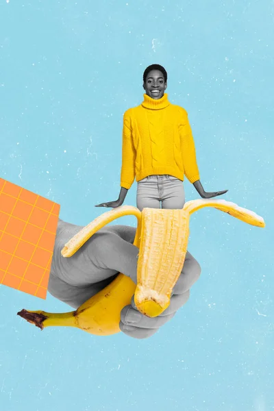 Vertical Collage Illustration Big Arm Hold Banana Excited Positive Person — стоковое фото