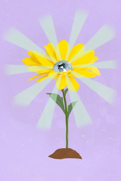 Pionowy Kolaż Ilustracja Rosnący Kwiat Świecący Kula Disco Wewnątrz Izolowane — Zdjęcie stockowe