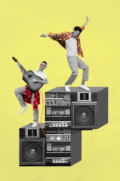 Vertical collage illustration of two excited overjoyed small guys black white colors dance huge boom box play guitar.