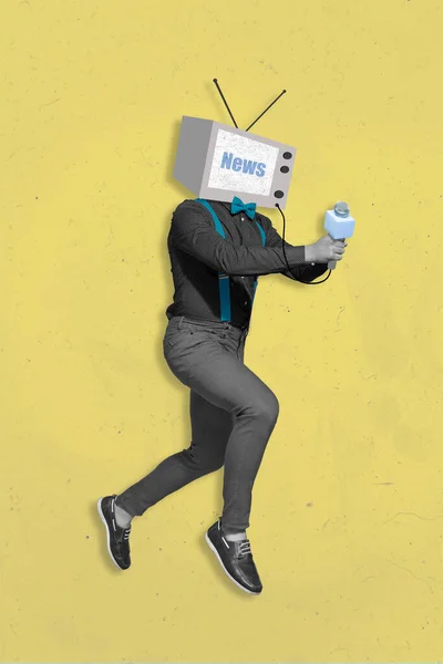 Vertical Composite Illustration Guy Retro Instead Head Hold Microphone Running — Stok fotoğraf