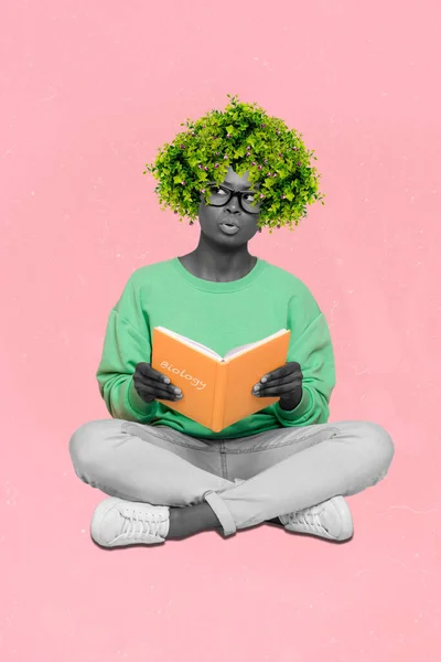 Magazine Collage Woman Leaves Hairdo Read Novel Forest World Earth — Zdjęcie stockowe