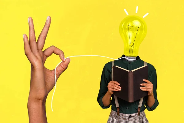Magazine collage of human with light bulb face smart idea read novel huge hand pull string isolated yellow color background.