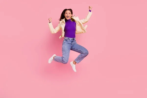 Full Body Photo Hooray Brunnette Lady Jump Yell Wear Jacket — Stock Fotó