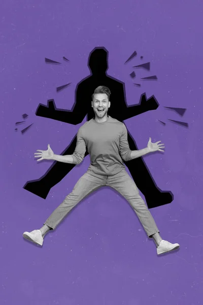 Vertical collage picture of excited cheerful guy black white colors jumping have fun painted shadow isolated on purple background.