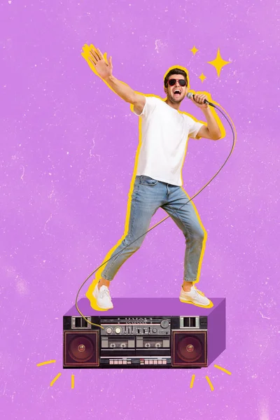 Vertical Collage Picture Excited Positive Guy Stand Boombox Hold Microphone — Photo
