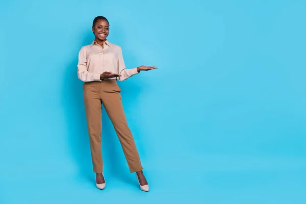 Full body photo of smart young business lady present new project start-up to colleagues isolated on blue color background.