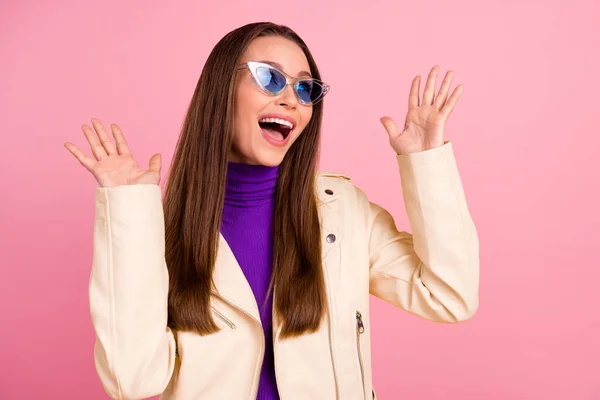Photo Hooray Young Lady Look Promo Wear Jacket Purple Turtleneck — Foto Stock