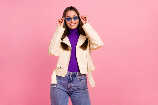 Photo Sweet Young Brunette Lady Look Promotion Wear Glasses Jacket — Stockfoto