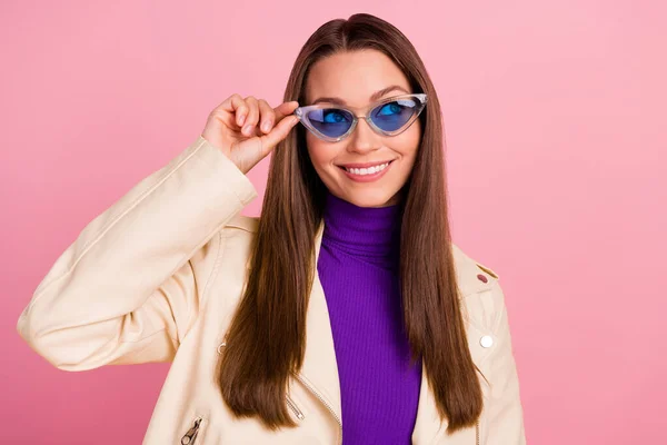 Photo Lovely Young Lady Hands Glasses Look Wear Jacket Purple — Fotografia de Stock