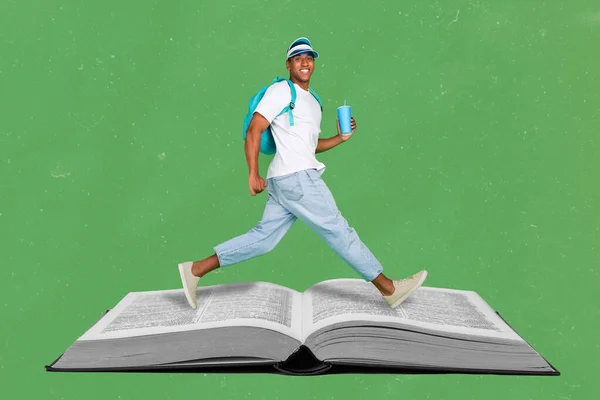 Poster collage of funny guy holding takeaway fizzy drink go campus on printed textbook isolated green color background.