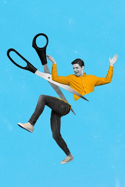 Vertical Collage Picture Excited Carefree Guy Scissors Cut Divide Legs — Foto de Stock