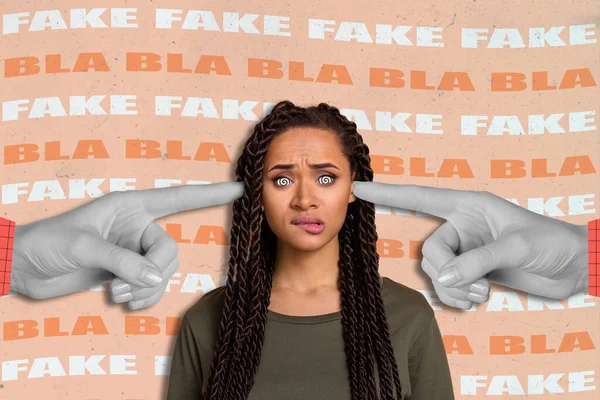 Banner Collage Confused Lady Trying Ignore False Mass Media Messages — Stockfoto