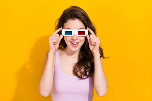 Photo Positive Pretty Girl Hands Touch Glasses Enjoy Good Mood — Stockfoto