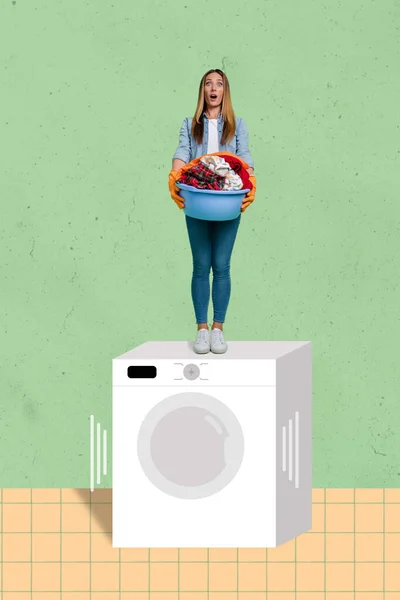 Retro Abstrakte Kreative Kunstwerk Vorlage Collage Von Stehenden Waschmaschine Hält — Stockfoto