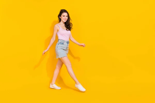 Full Length Body Size View Attractive Cheerful Girl Walking Enjoying — Foto Stock