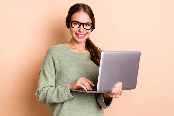Photo Adorable Cute Lady Wear Green Sweater Spectacles Typing Modern — Stockfoto