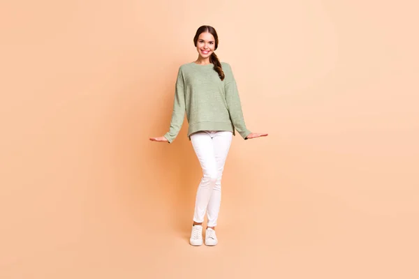 Full Length Photo Sweet Adorable Girl Dressed Green Pullover Smiling — Zdjęcie stockowe