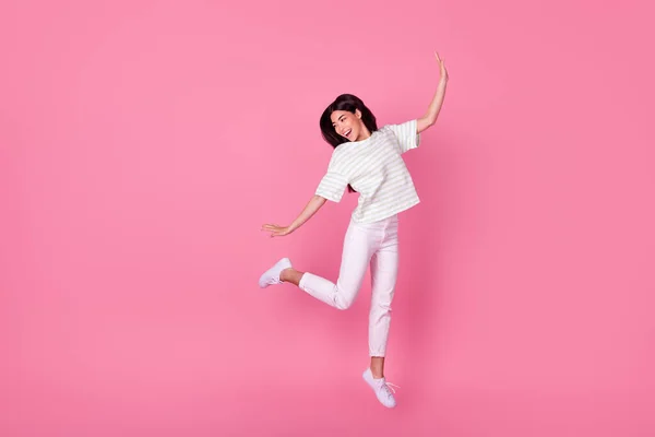 Full Size Photo Cheerful Pretty Person Jumping Have Good Mood — Stock Photo, Image
