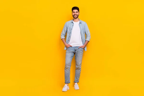 Full Body Photo Handsome Hispanic Young Man Toothy Beaming Clothes — Stockfoto