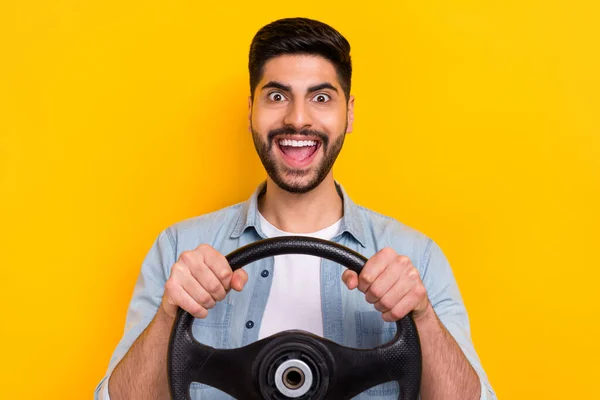 Photo Overjoyed Carefree Crazy Person Guy Tests New Road Hold — Stockfoto