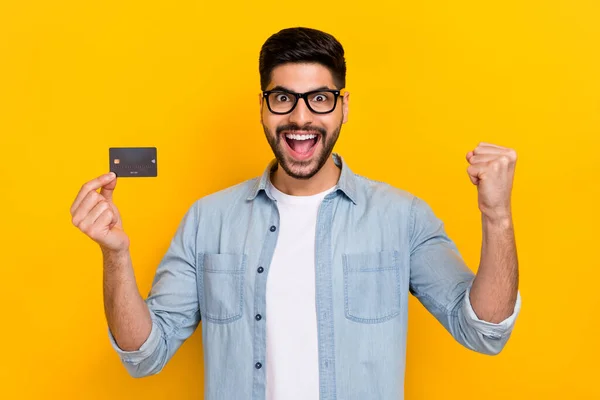 Closeup Photo Young Celebrating Guy Holding New Bank Card Buy — Stockfoto