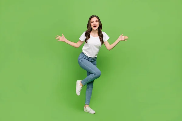 Photo Impressed Funky Young Lady Wear White Shirt Smiling Dancing — Foto Stock