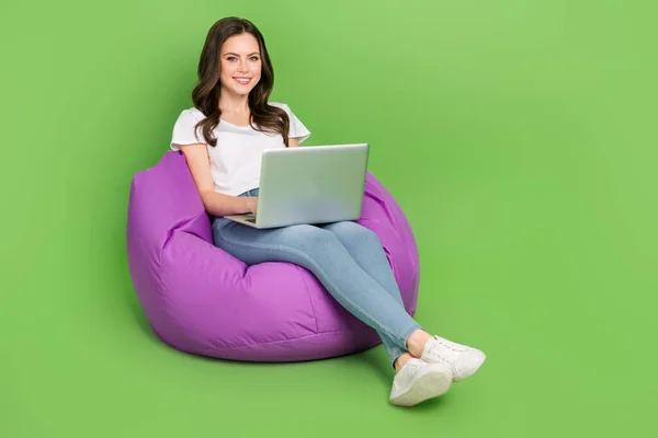 Photo Funny Sweet Lady Wear White Shirt Sitting Beanbag Working — стоковое фото