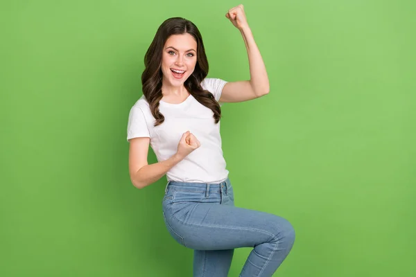 Photo Funny Excited Young Lady Wear White Shirt Smiling Rising — Fotografia de Stock