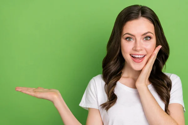 Photo Sweet Excited Young Lady Wear White Shirt Arm Cheek — Stockfoto