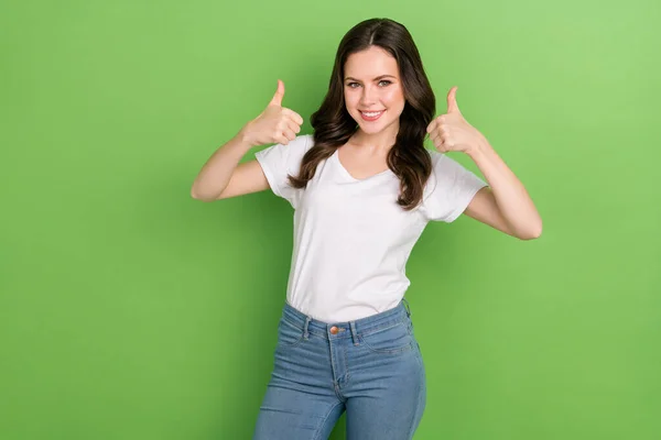Photo Adorable Funny Young Lady Wear White Shirt Showing Two — Foto Stock