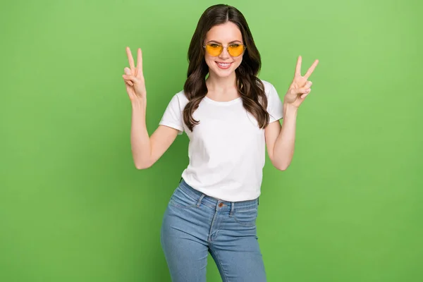 Photo Adorable Sweet Young Lady Wear White Shirt Glasses Showing — Φωτογραφία Αρχείου