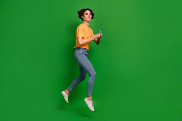 Full Body Profile Photo Active Charming Person Run Jump Hold — Stockfoto