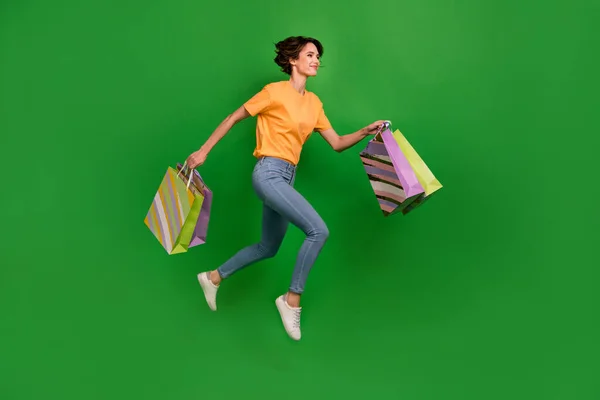 Full Body Profile Portrait Crazy Energetic Lady Hold Packages Jump — Foto de Stock