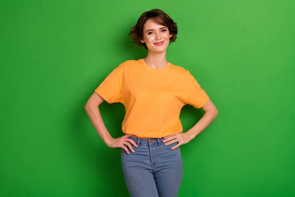 Photo Cute Confident Young Woman Dressed Orange Shirt Arms Hands — Foto de Stock