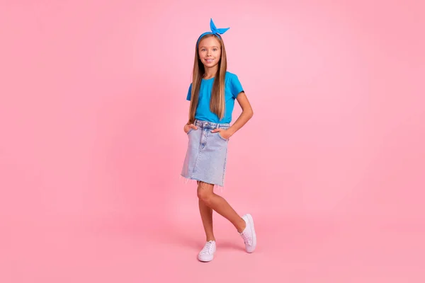 Full Size Portrait Sweet Cheerful Girl Put Hands Pockets Posing — Stockfoto