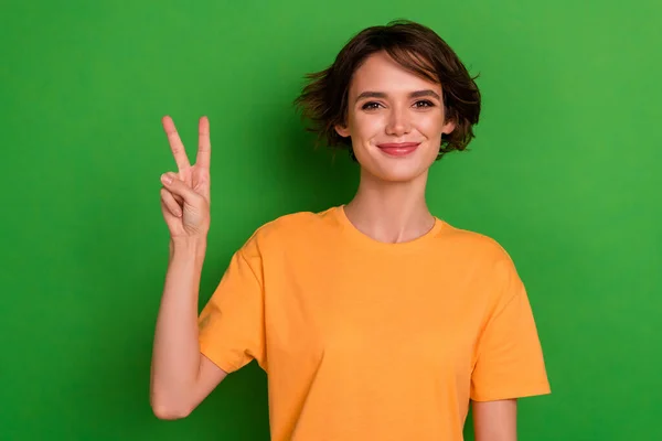 Photo Sweet Charming Young Lady Wear Orange Outfit Smiling Showing — Stockfoto