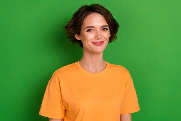 Photo Adorable Charming Young Lady Wear Orange Outfit Smiling Isolated — kuvapankkivalokuva